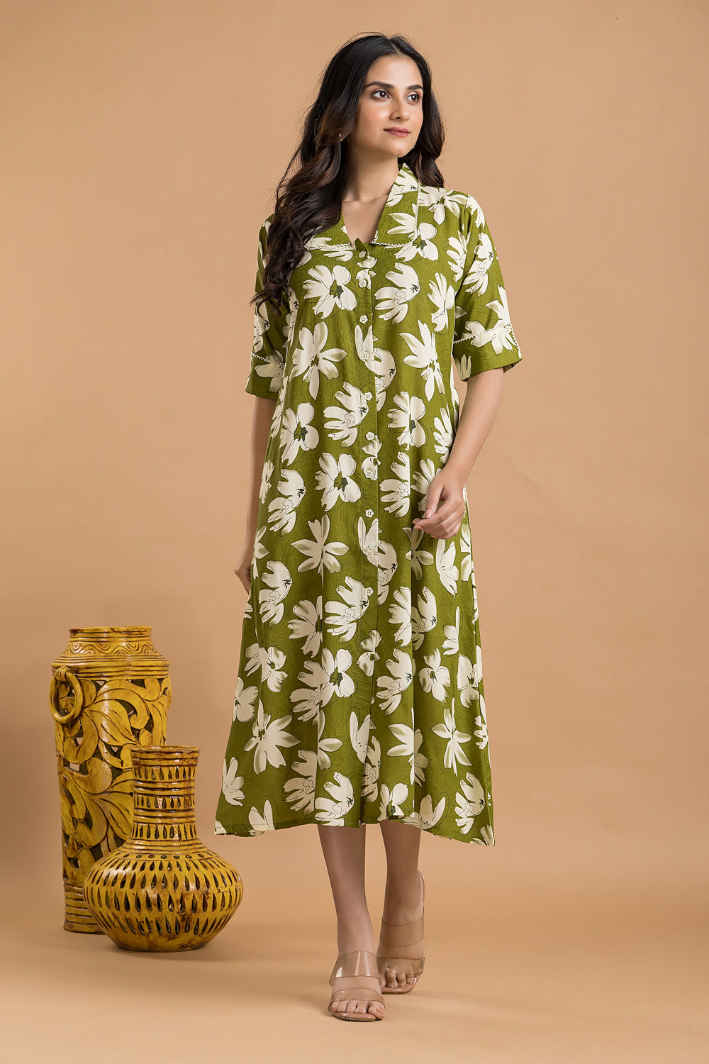Olive Green Floral Print A-Line Dress
