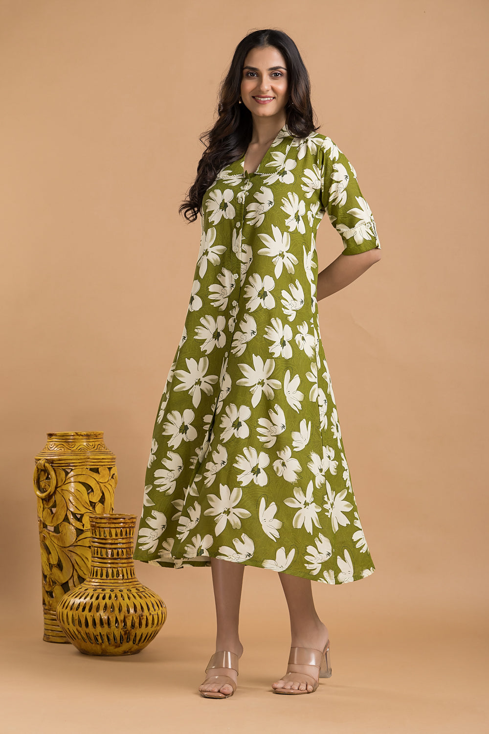 Olive Green Floral Print A-Line Dress