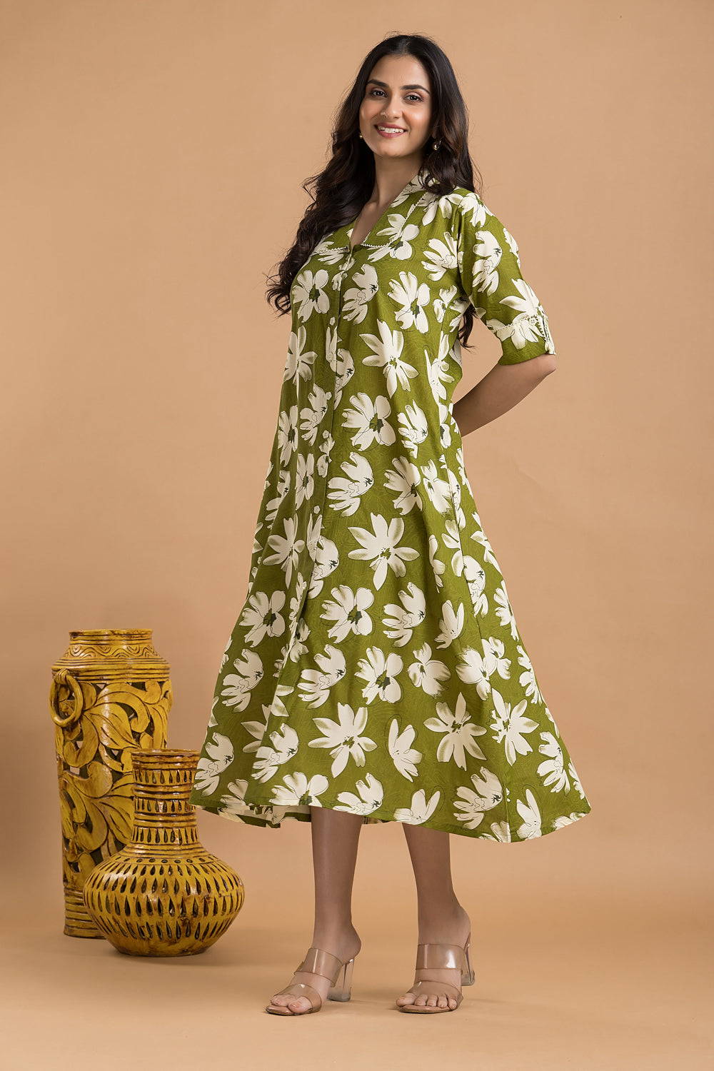 Olive Green Floral Print A-Line Dress