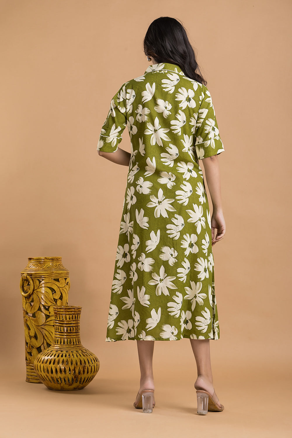 Olive Green Floral Print A-Line Dress