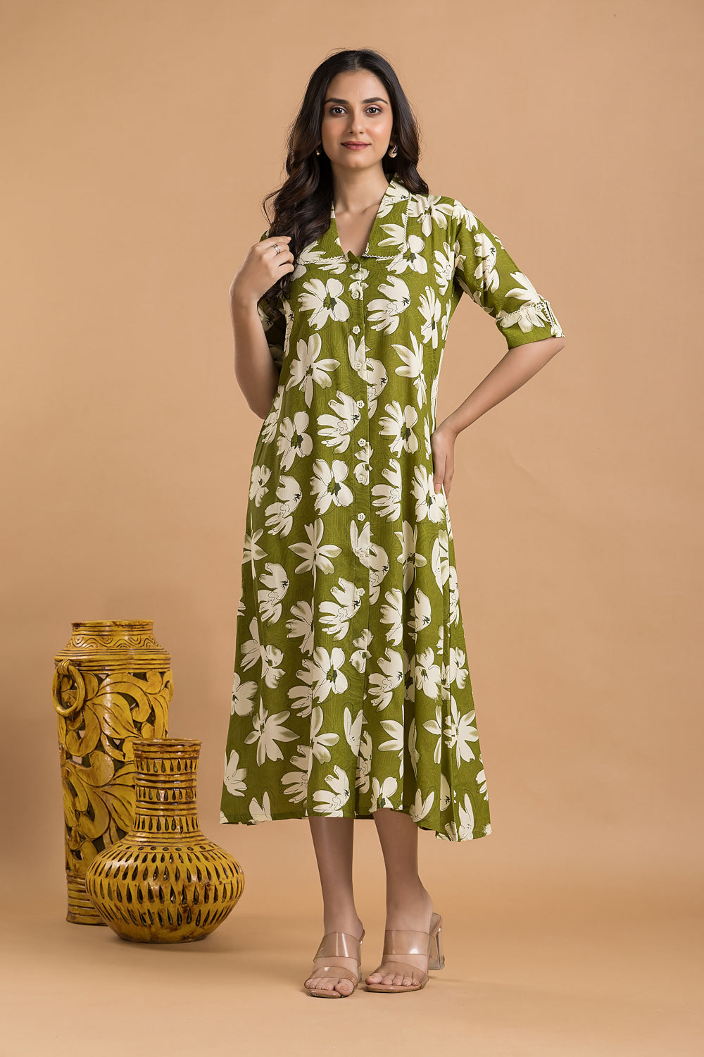 Olive Green Floral Print A-Line Dress