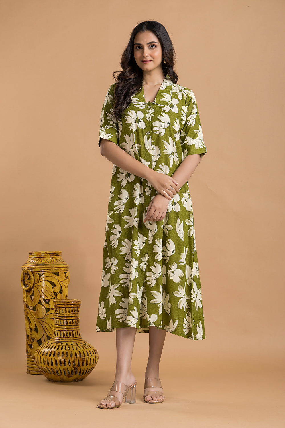 Olive Green Floral Print A-Line Dress