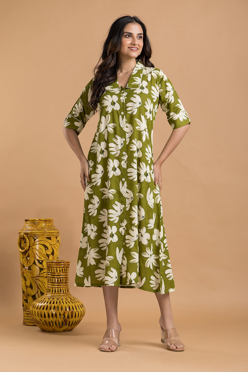 Olive Green Floral Print A-Line Dress