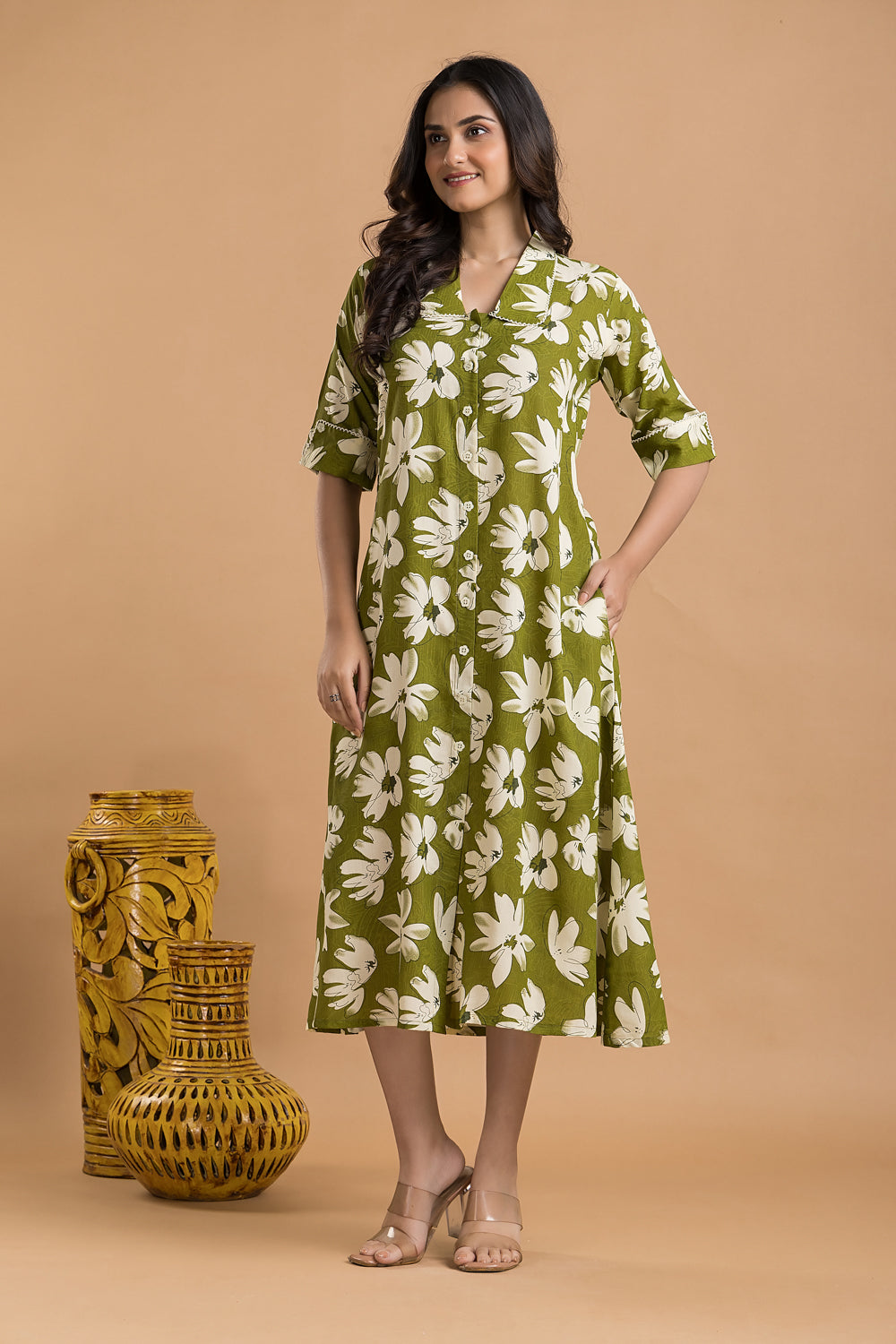 Olive Green Floral Print A-Line Dress