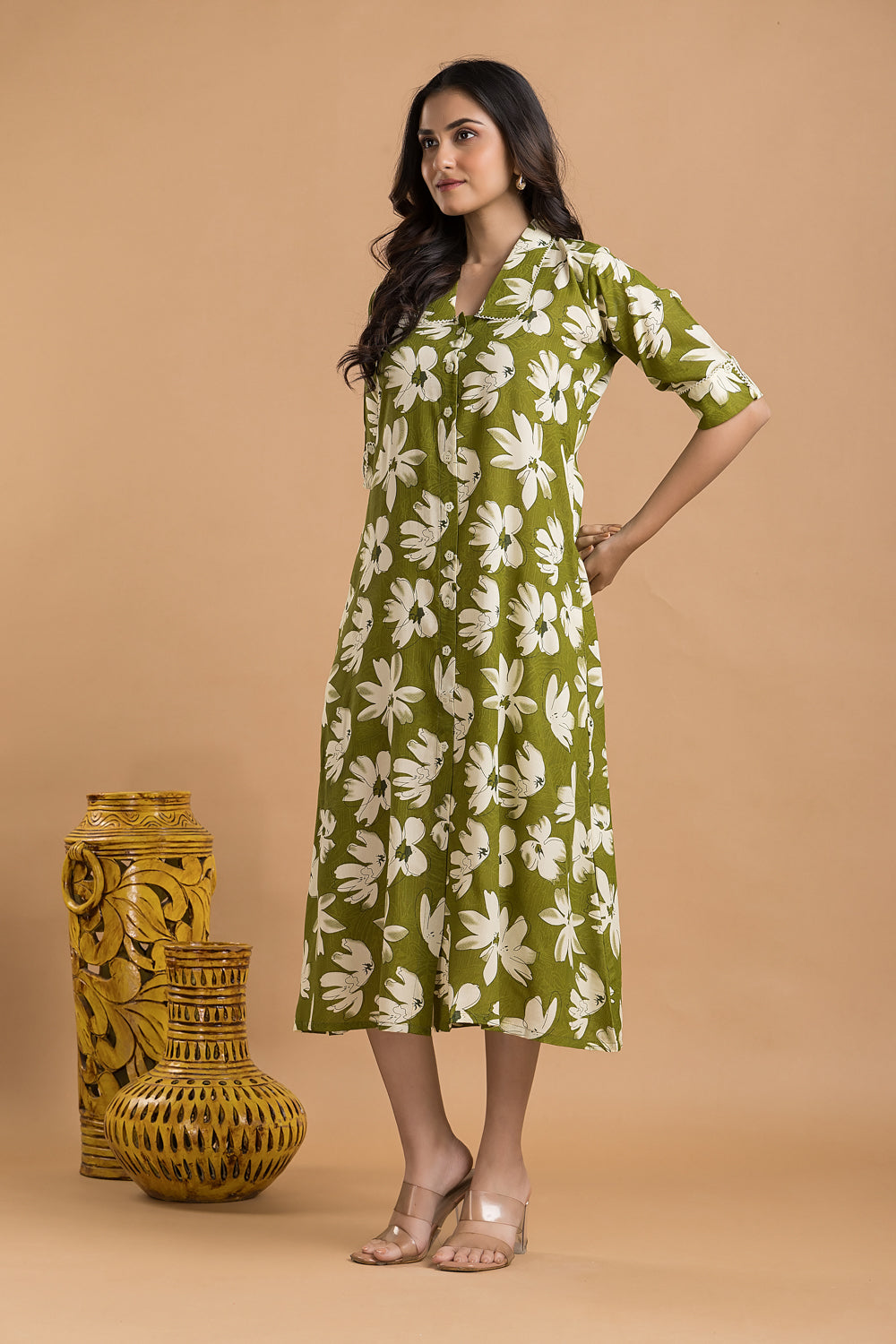 Olive Green Floral Print A-Line Dress