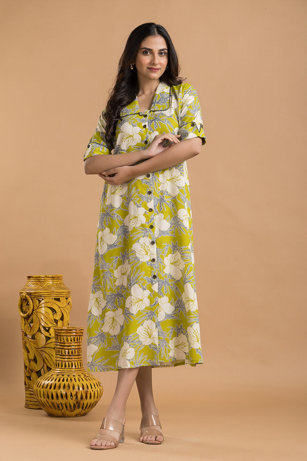 Lime Green & Blue Floral Print A line Dress