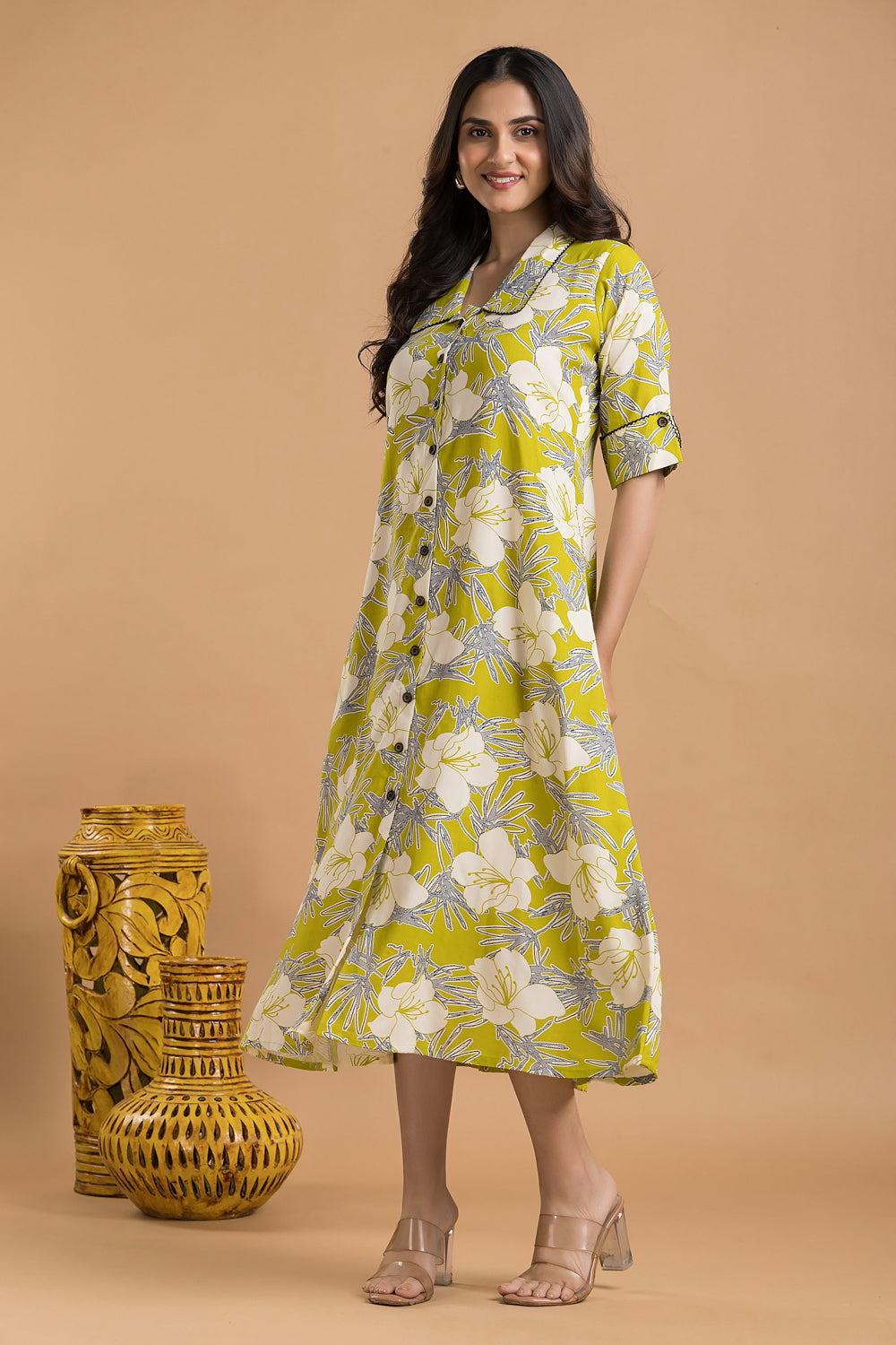 Lime Green & Blue Floral Print A line Dress