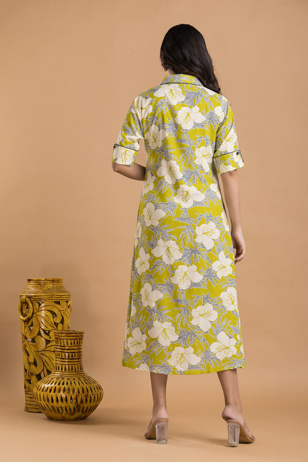 Lime Green & Blue Floral Print A line Dress