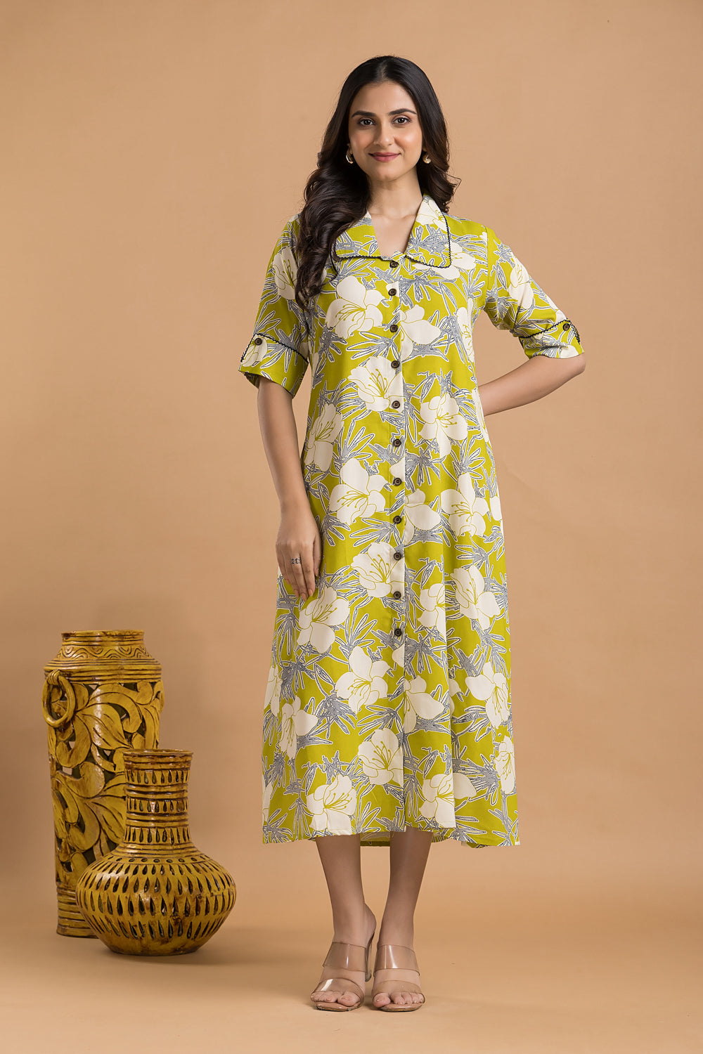 Lime Green & Blue Floral Print A line Dress