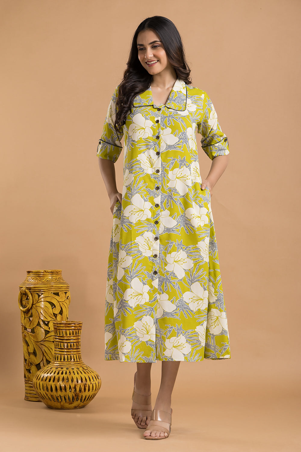 Lime Green & Blue Floral Print A line Dress