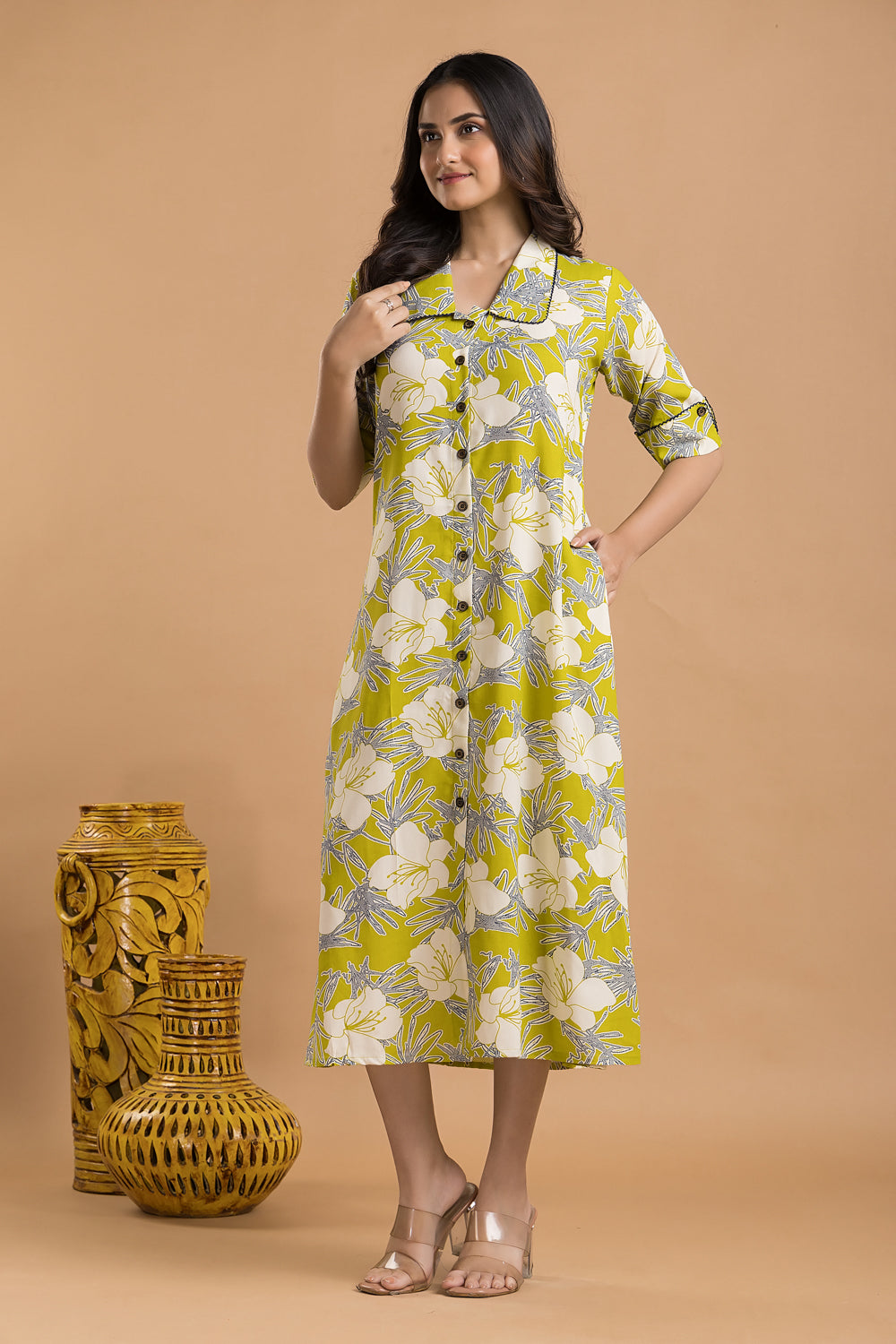 Lime Green & Blue Floral Print A line Dress