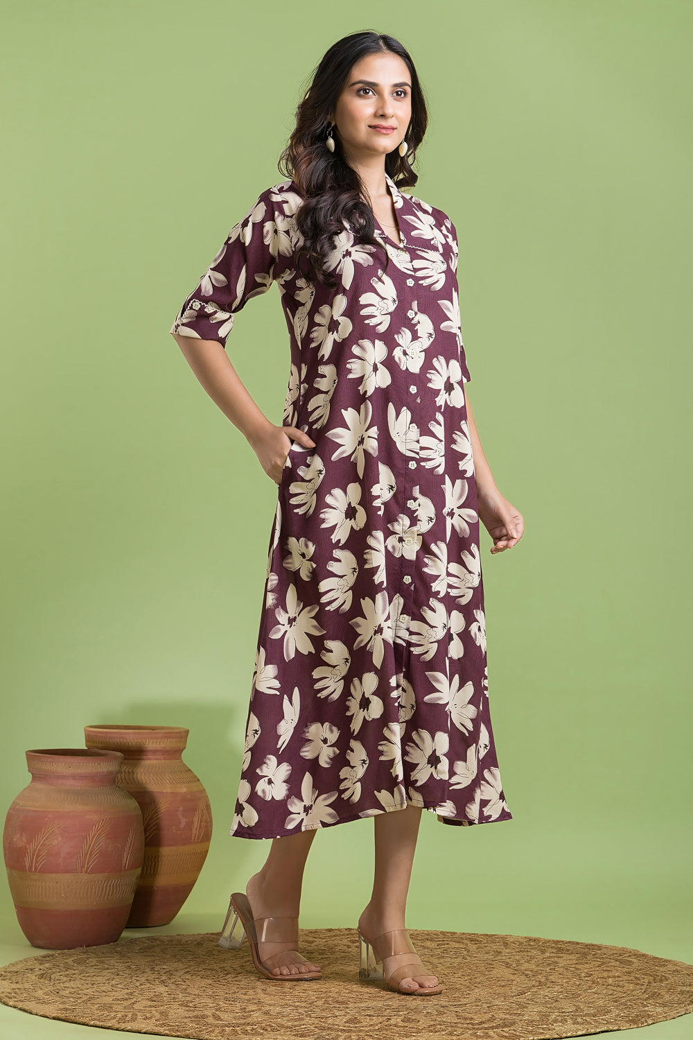 Purple Floral Print A line Dress