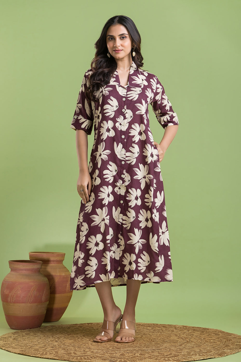 Purple Floral Print A line Dress