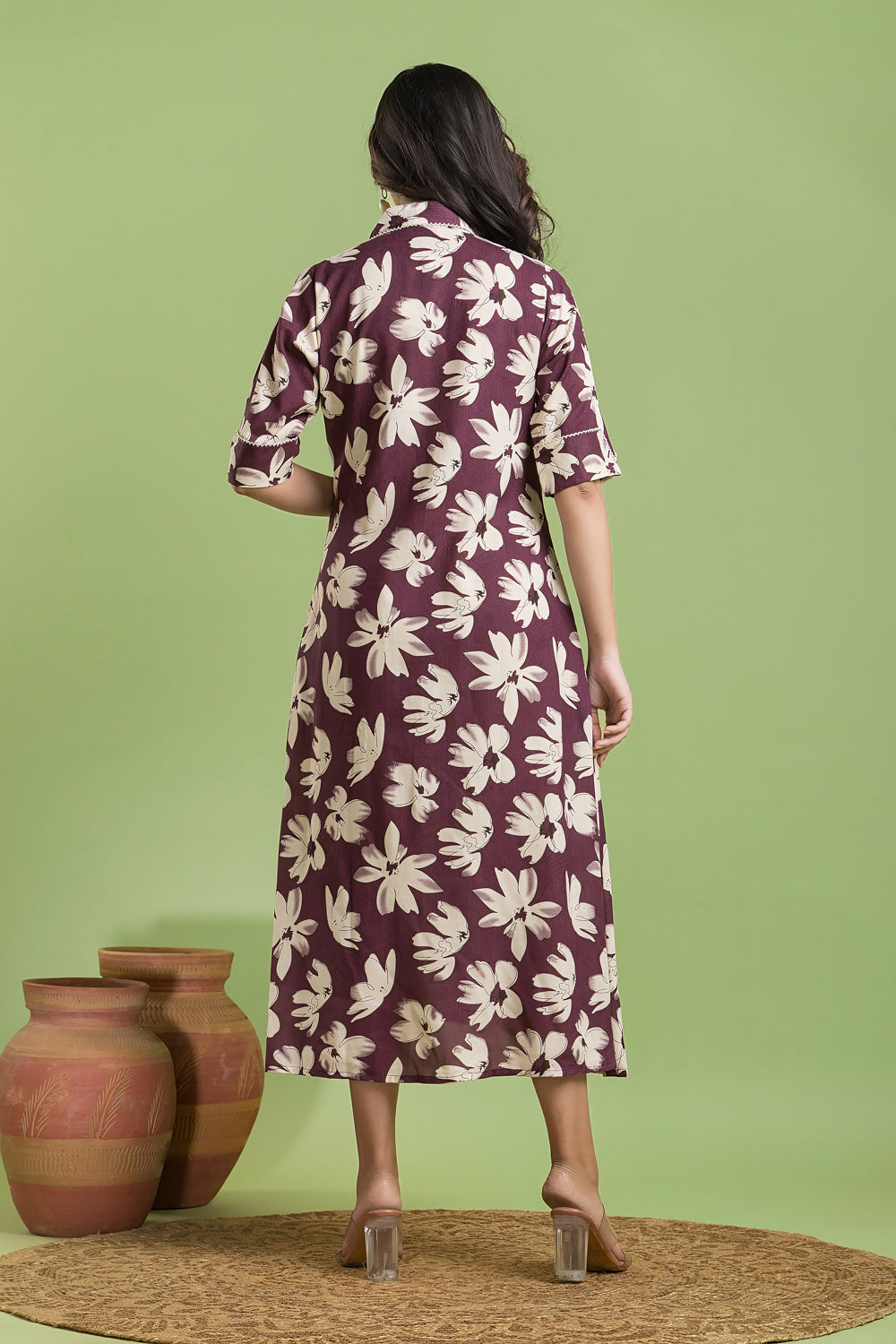 Purple Floral Print A line Dress