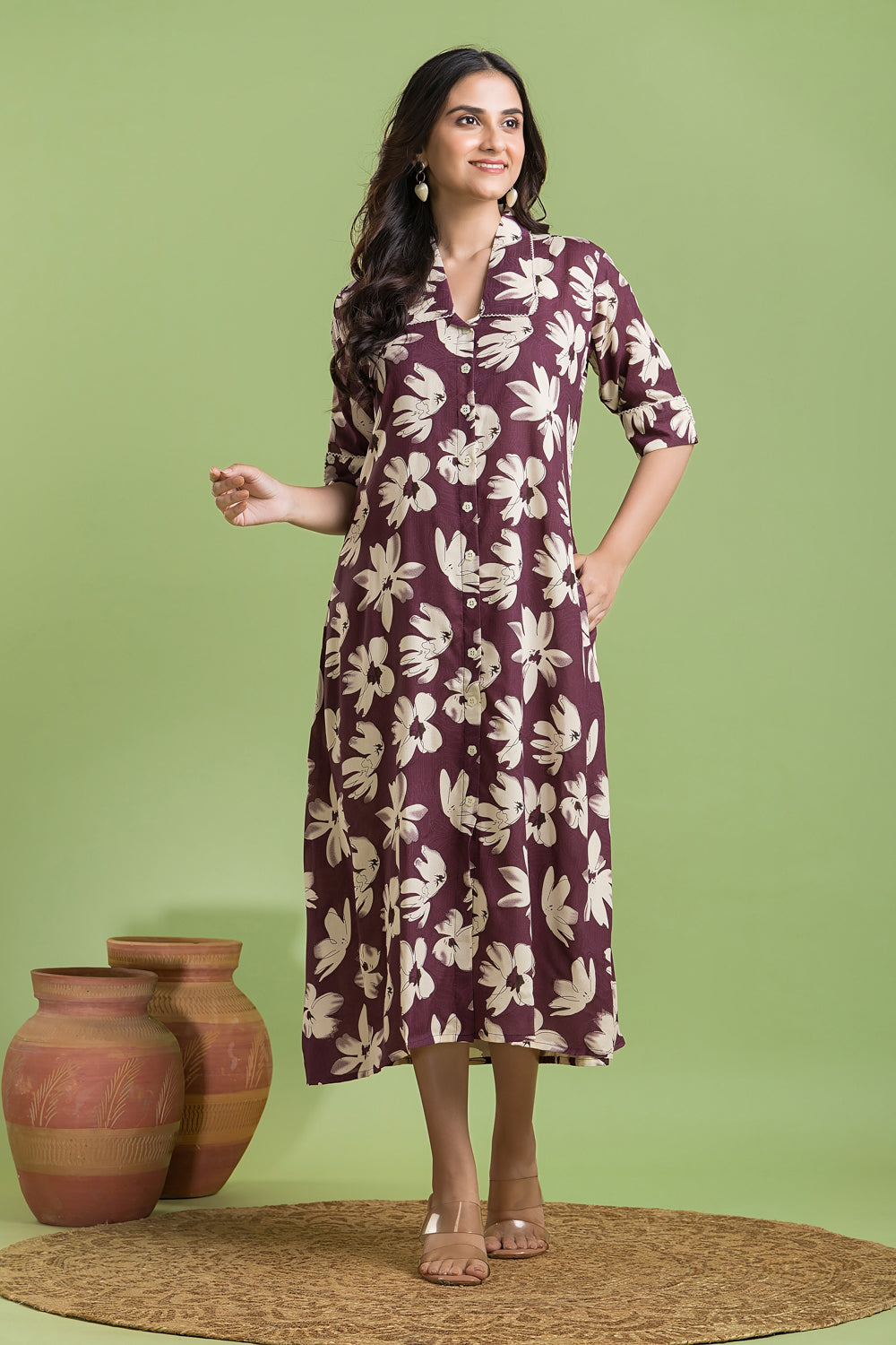 Purple Floral Print A line Dress
