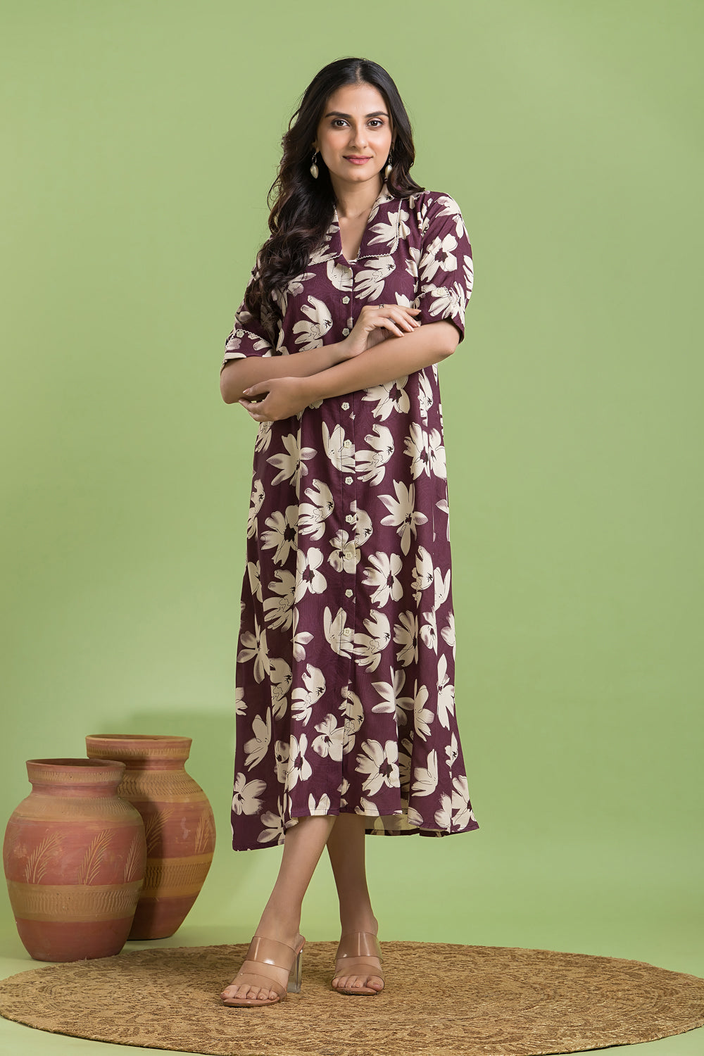 Purple Floral Print A line Dress