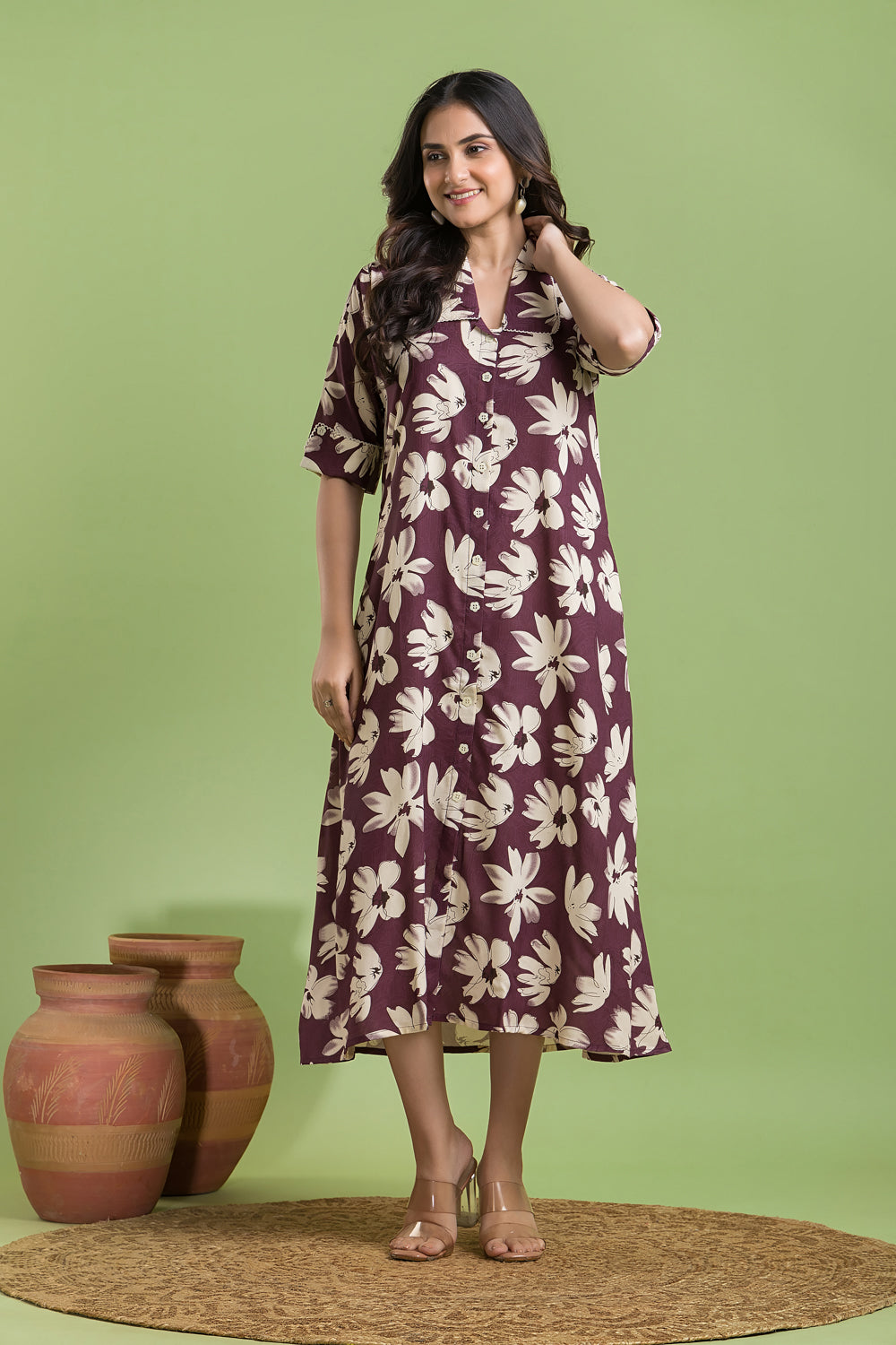 Purple Floral Print A line Dress