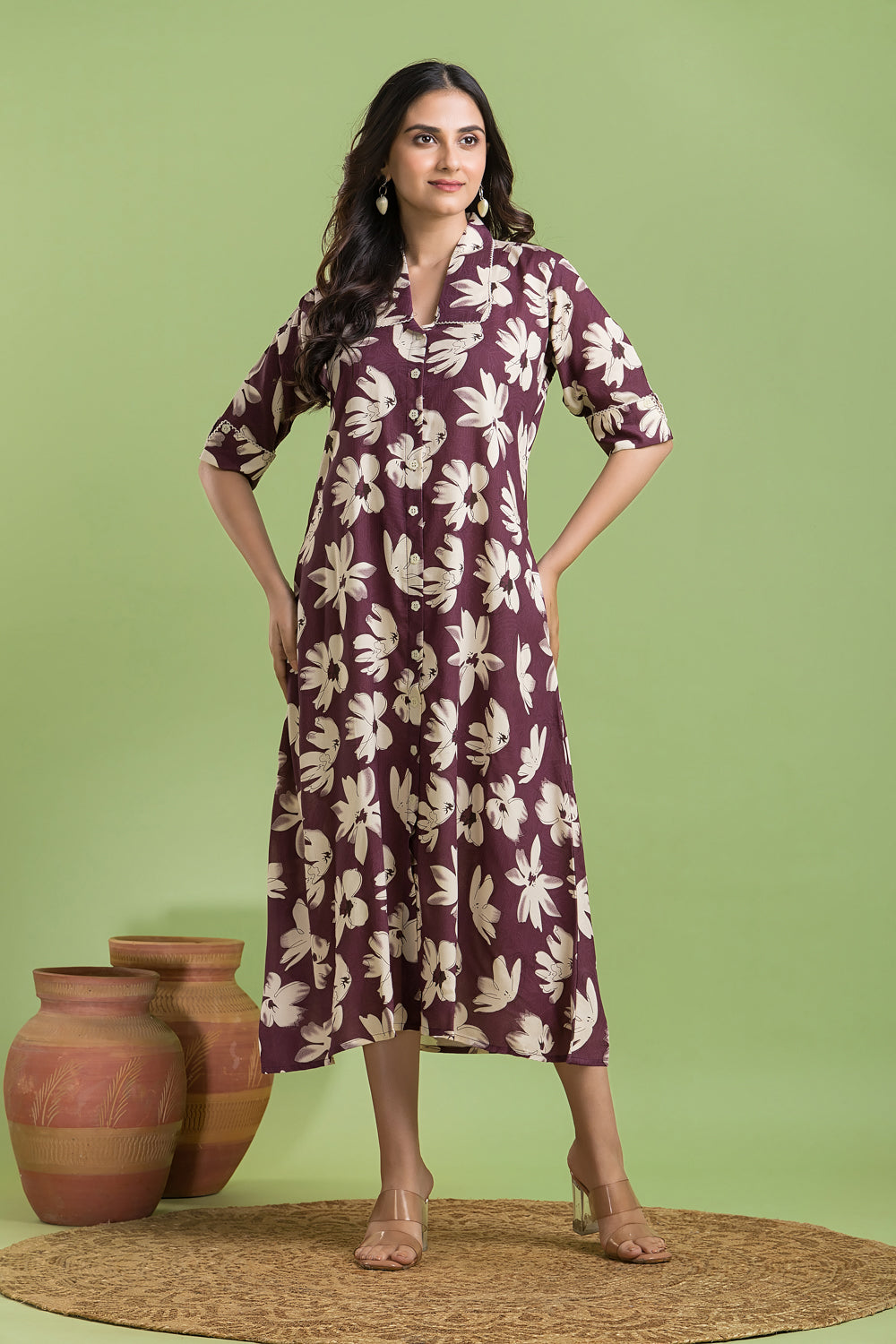 Purple Floral Print A line Dress