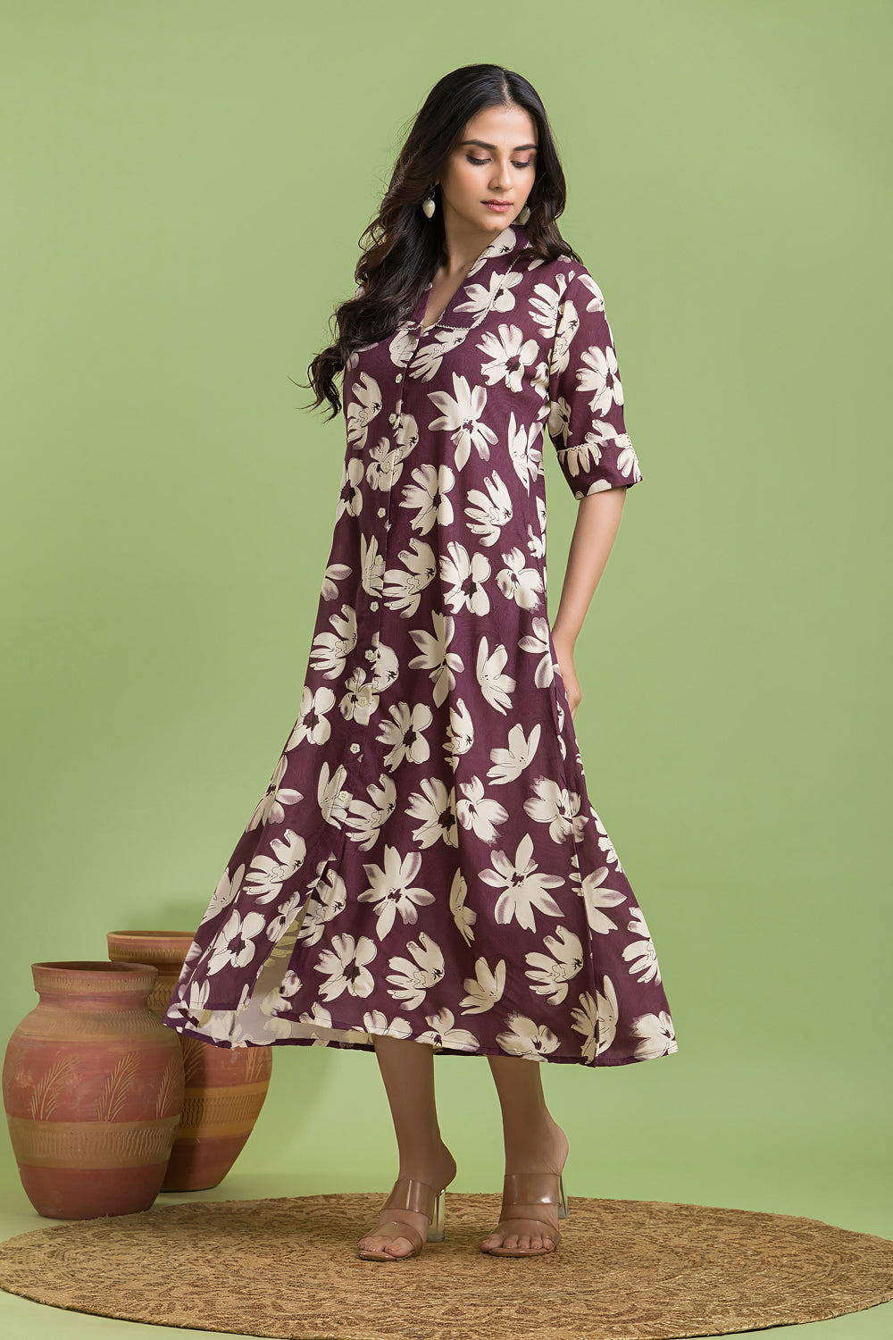 Purple Floral Print A line Dress