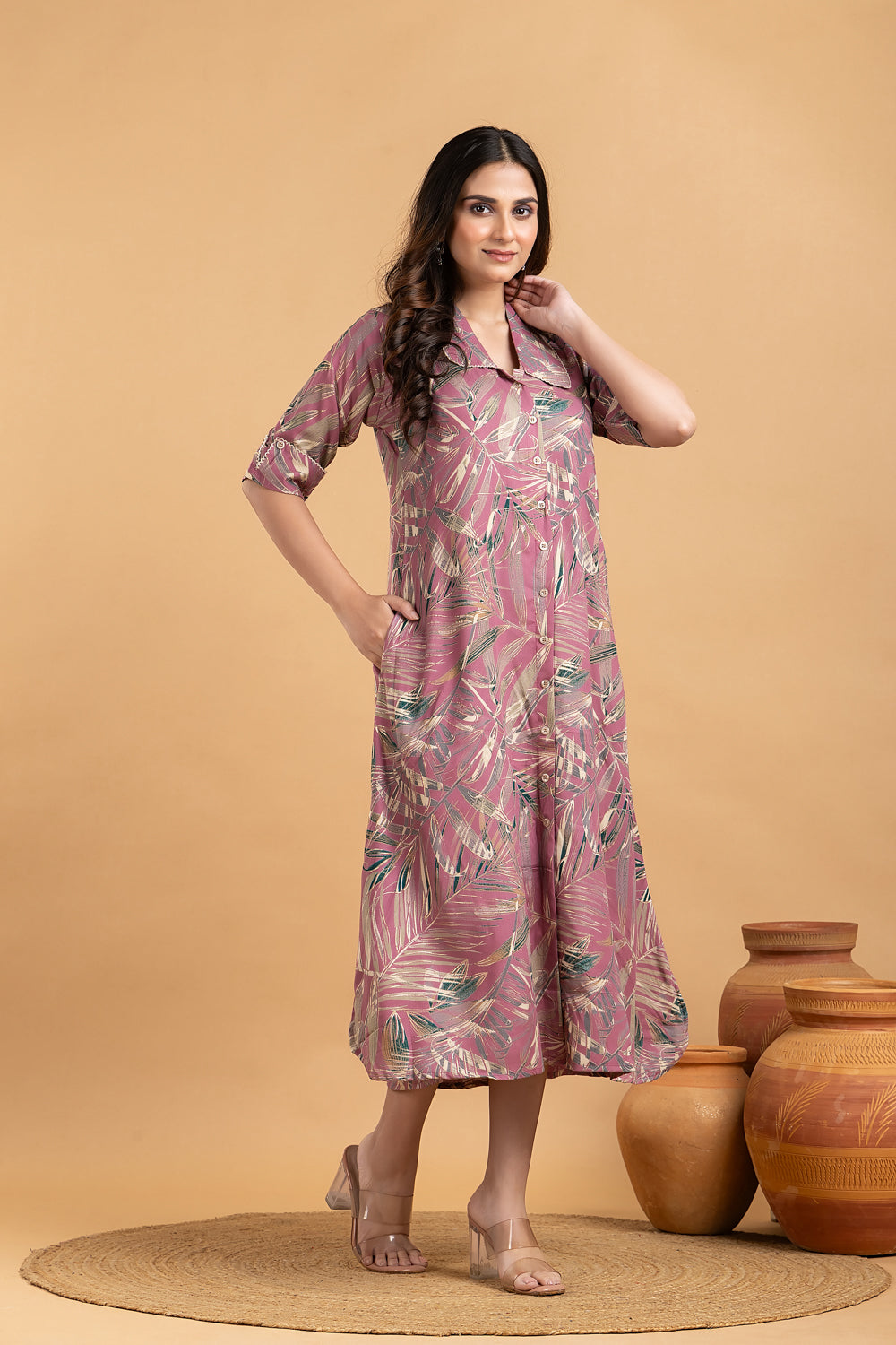 Mauve Leaf Print A line Dress