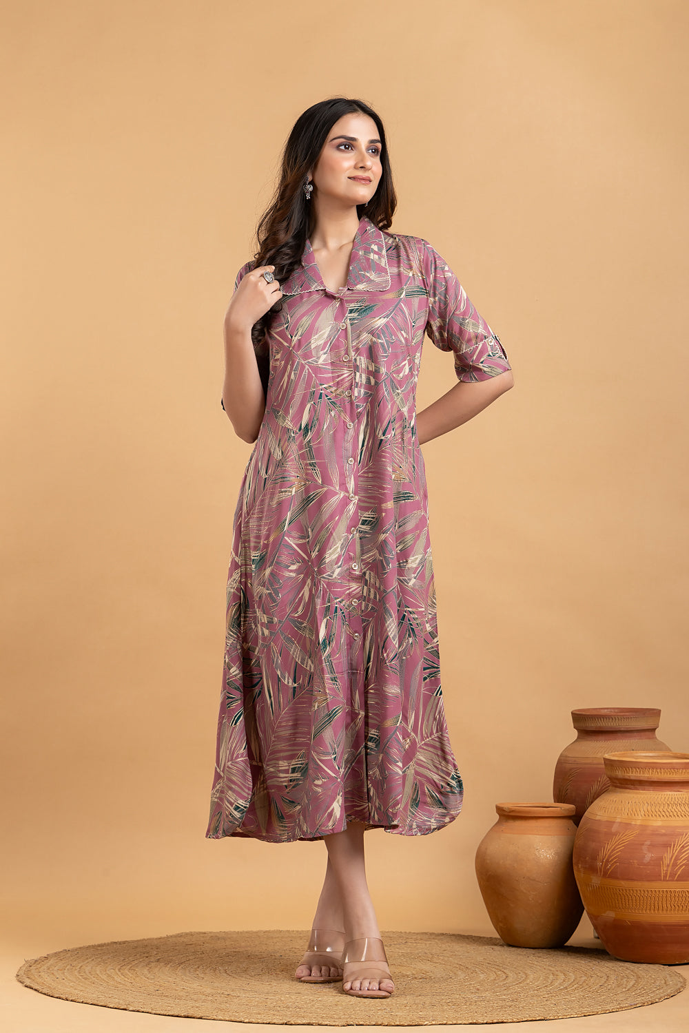Mauve Leaf Print A line Dress