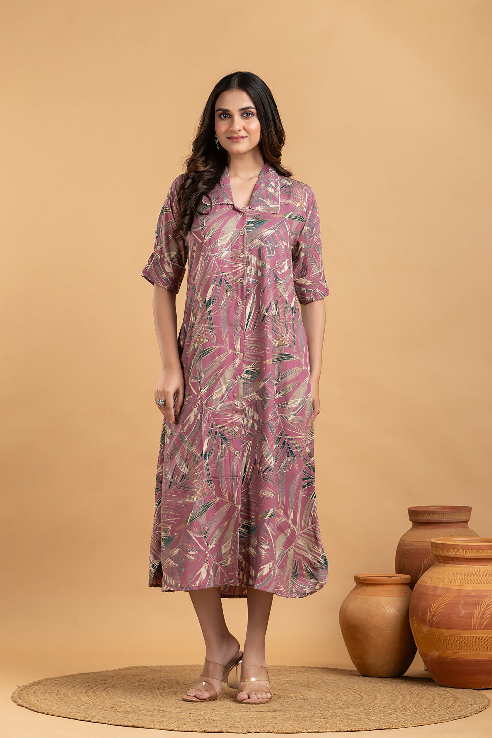 Mauve Leaf Print A line Dress