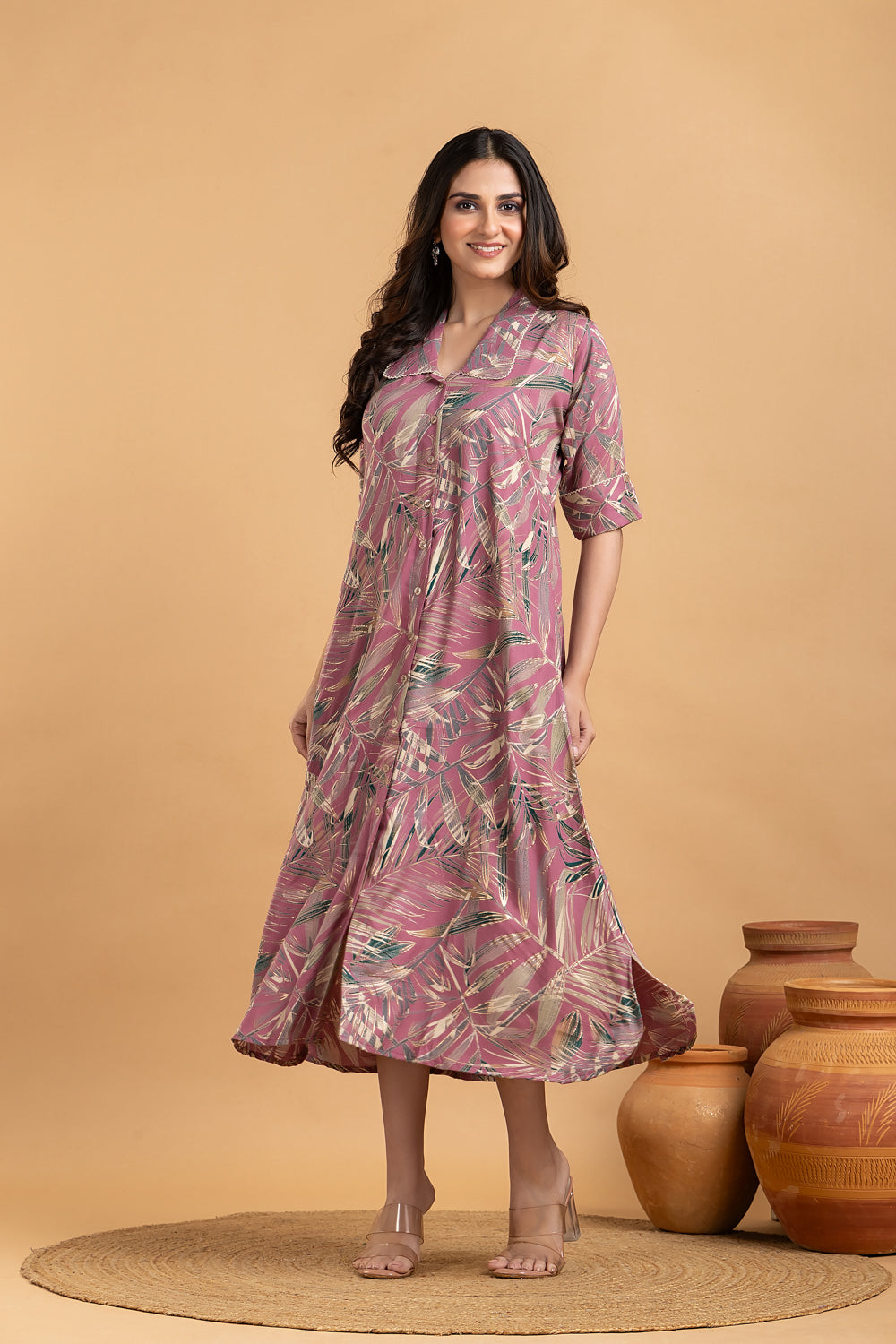 Mauve Leaf Print A line Dress
