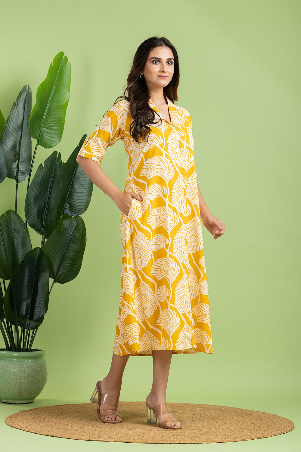 Yellow Leaf Print A line Dress