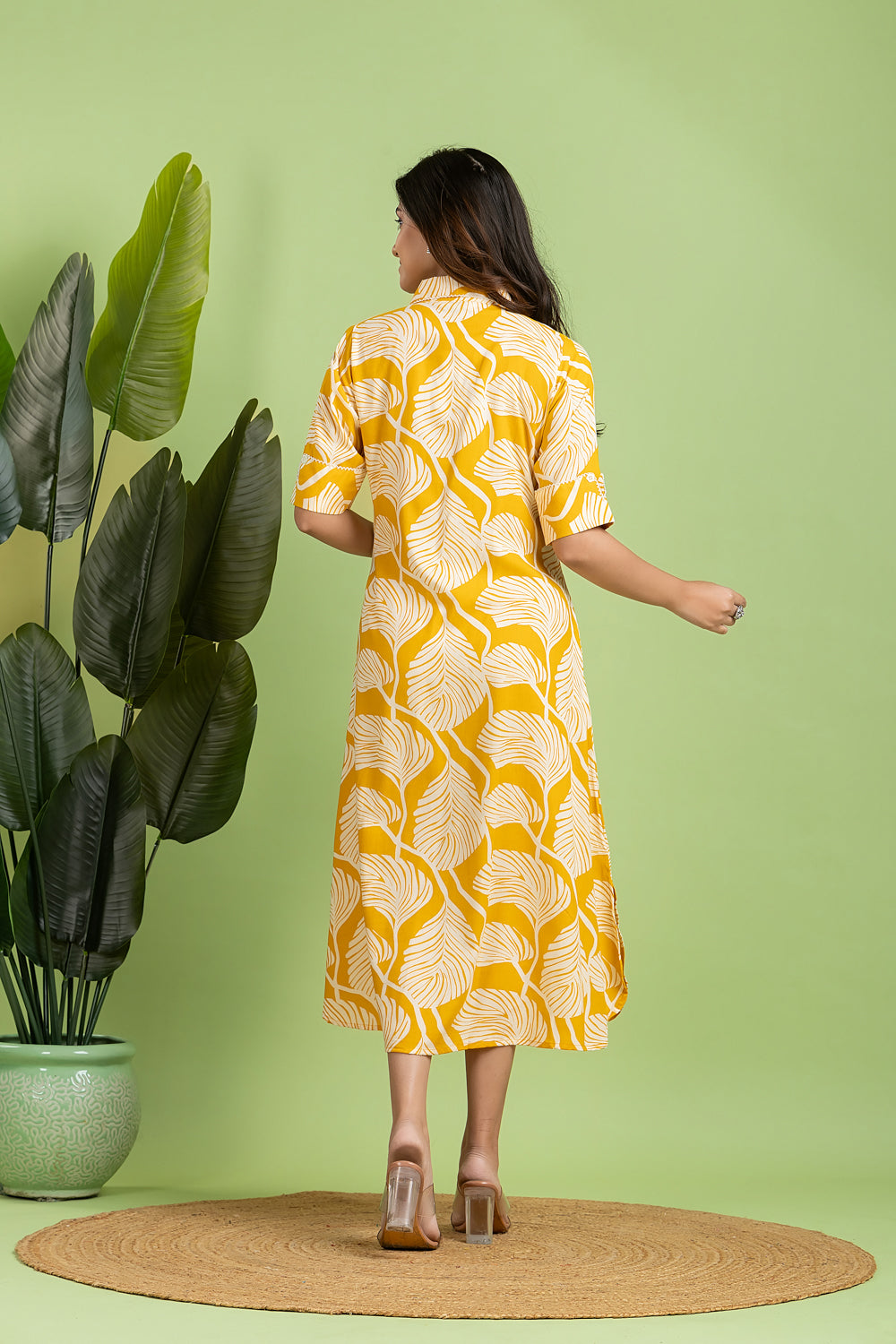 Yellow Leaf Print A line Dress