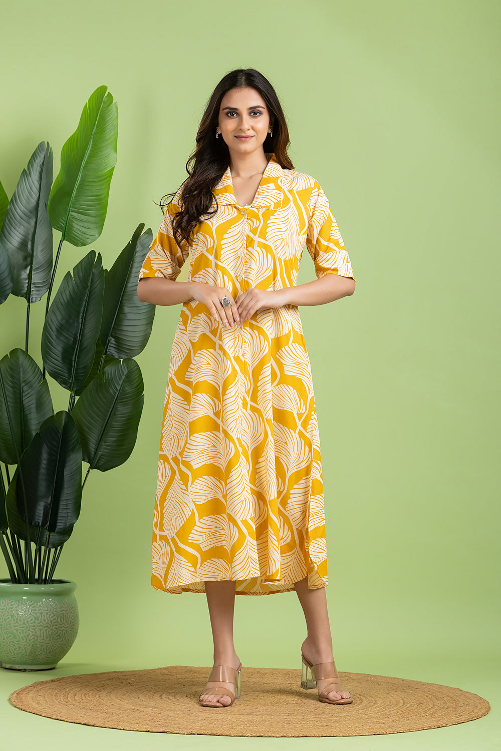 Yellow Leaf Print A line Dress