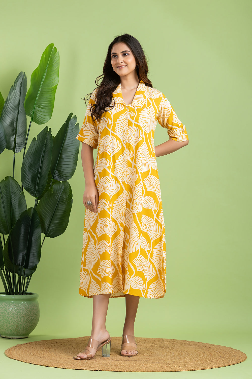 Yellow Leaf Print A line Dress