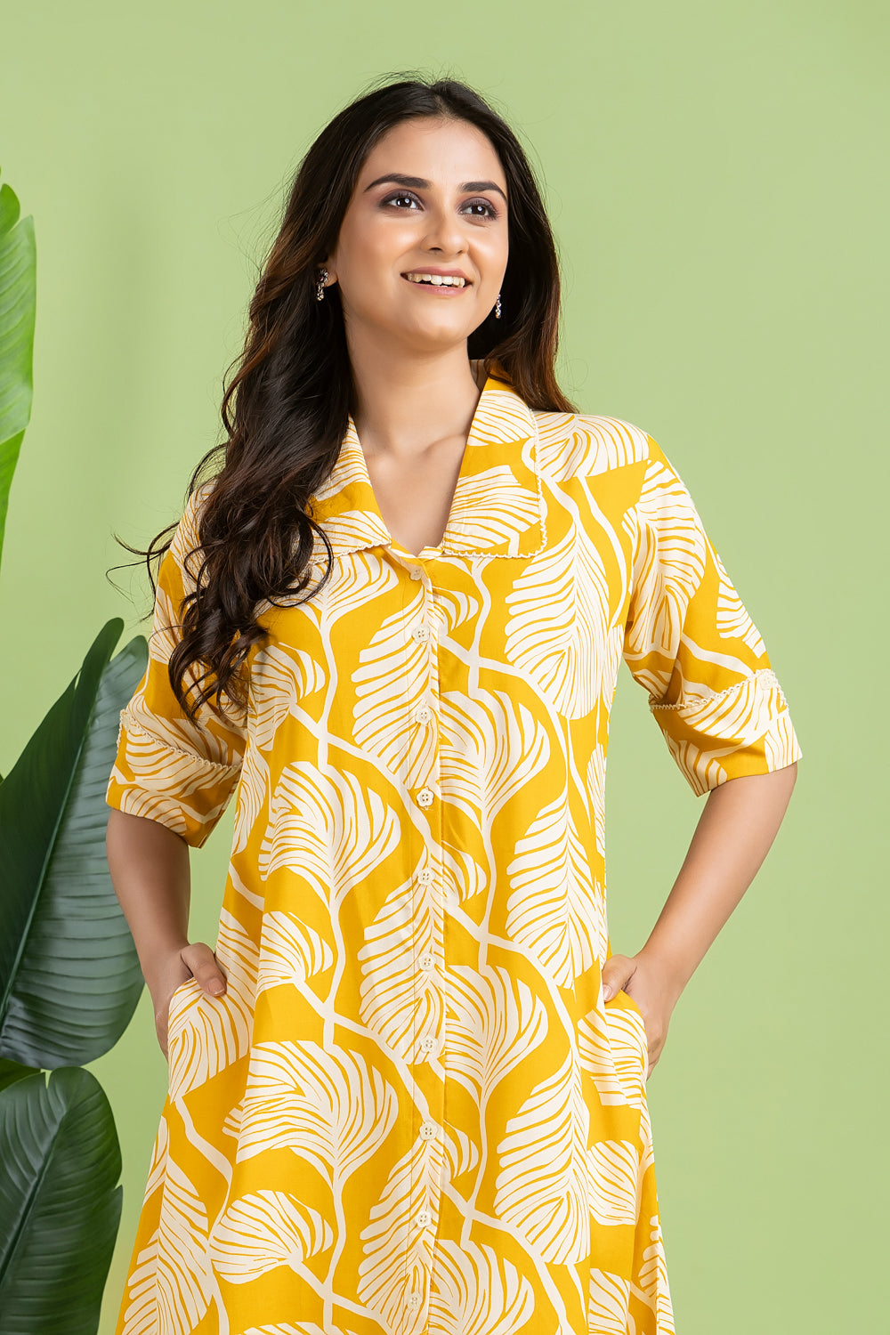 Yellow Leaf Print A line Dress