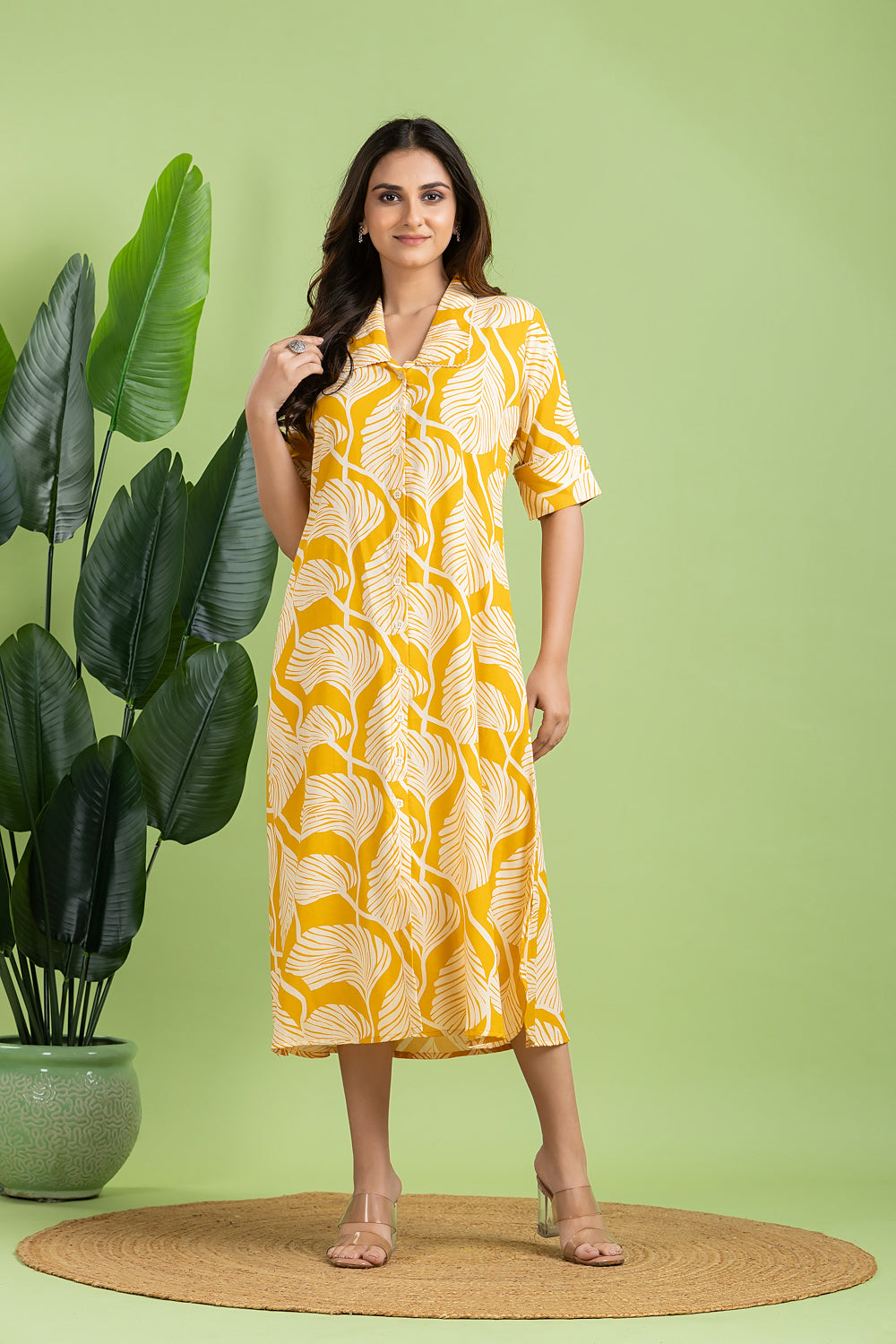 Yellow Leaf Print A line Dress