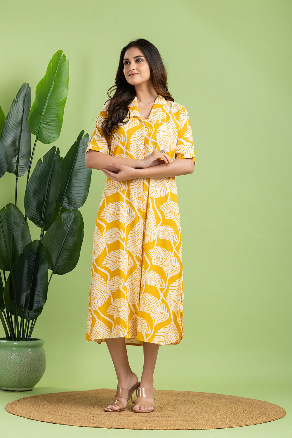Yellow Leaf Print A line Dress