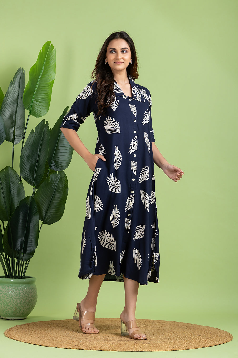 Navy Blue Leaf Print A line Dress