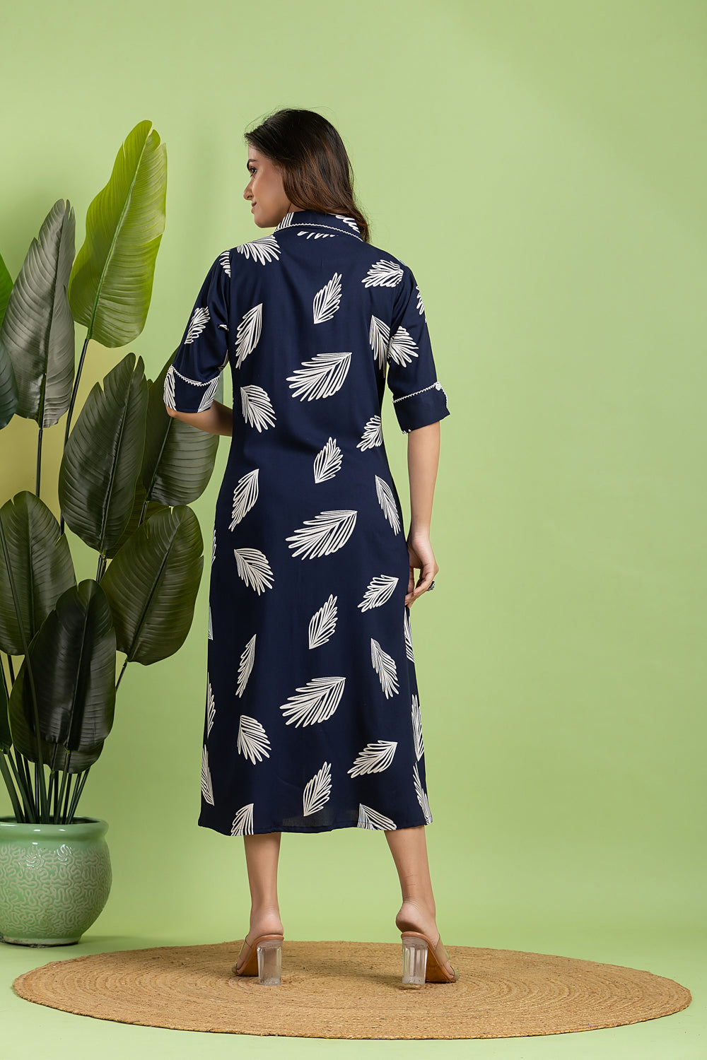 Navy Blue Leaf Print A line Dress