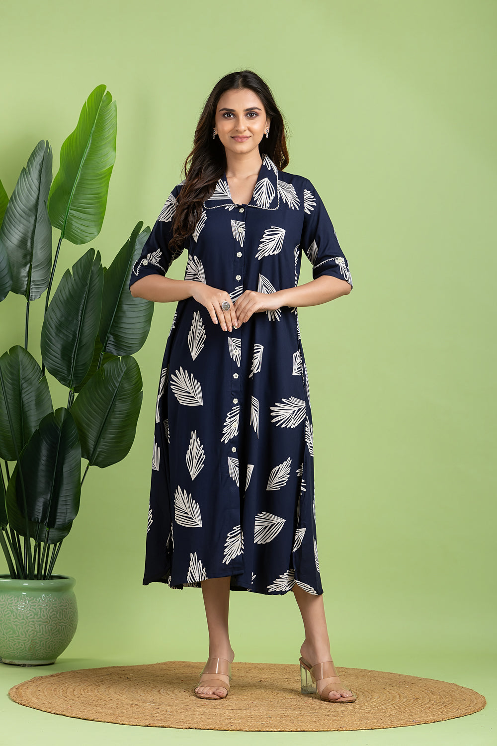 Navy Blue Leaf Print A line Dress