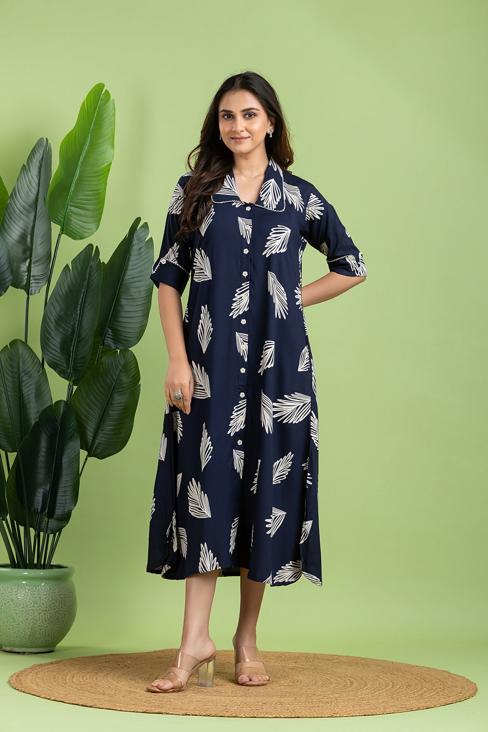 Navy Blue Leaf Print A line Dress