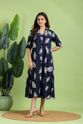 Navy Blue Leaf Print A line Dress