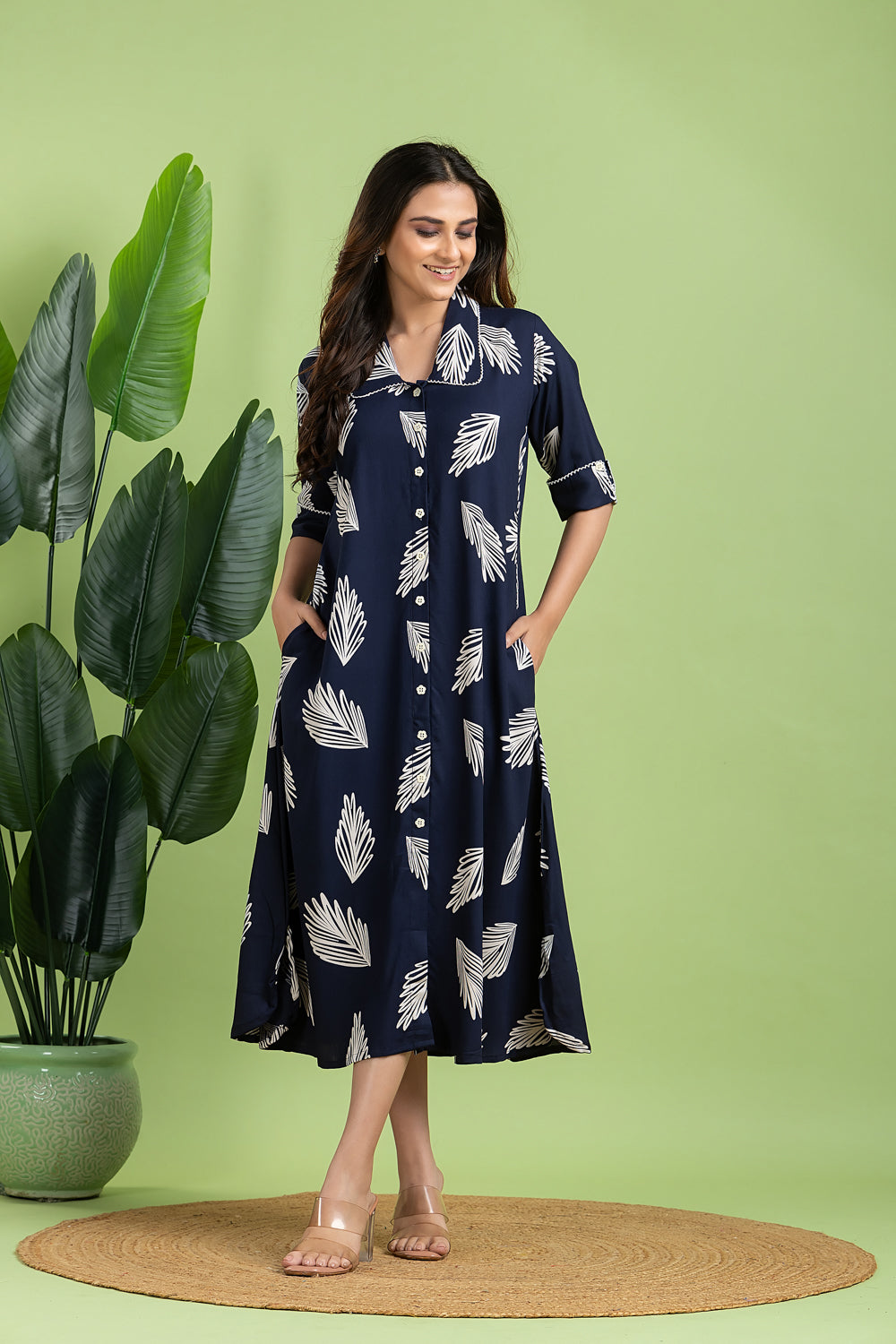 Navy Blue Leaf Print A line Dress