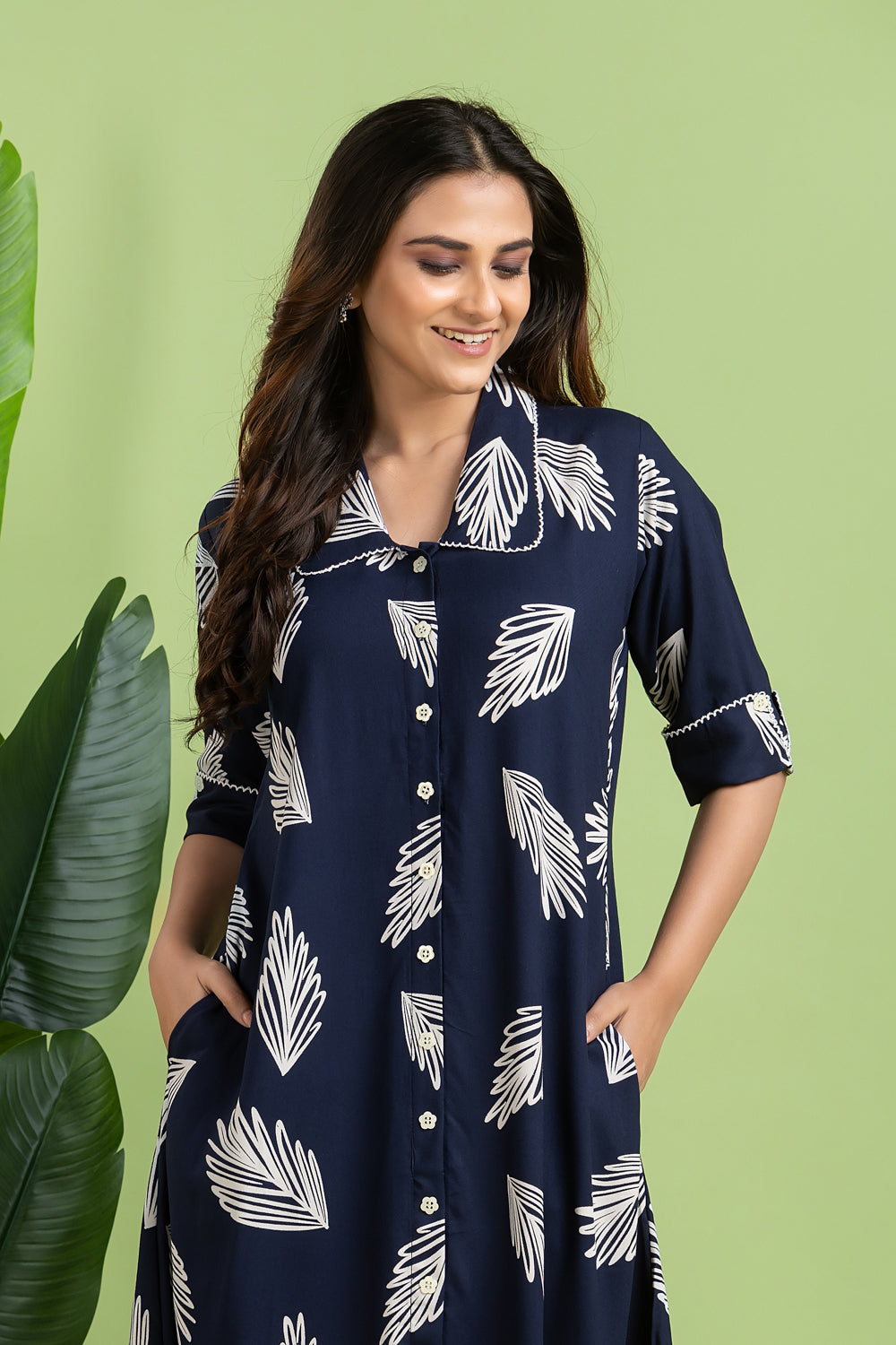 Navy Blue Leaf Print A line Dress