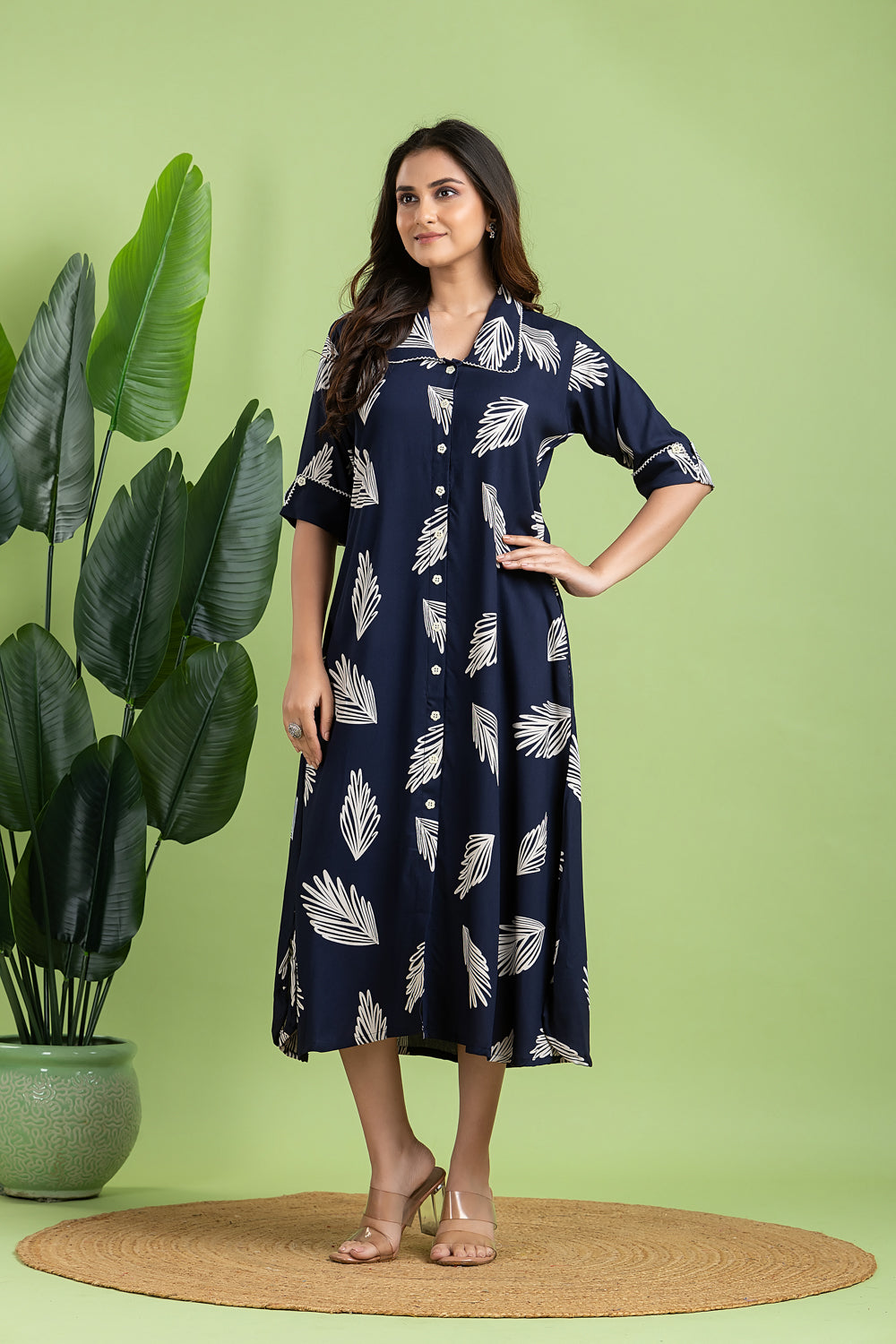 Navy Blue Leaf Print A line Dress