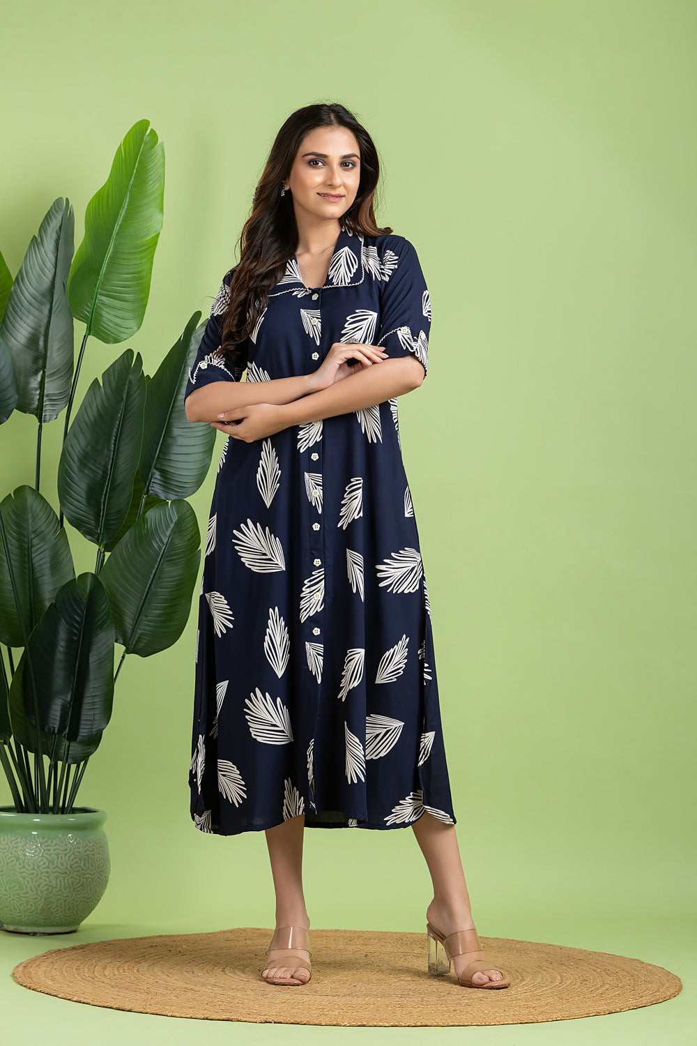 Navy Blue Leaf Print A line Dress