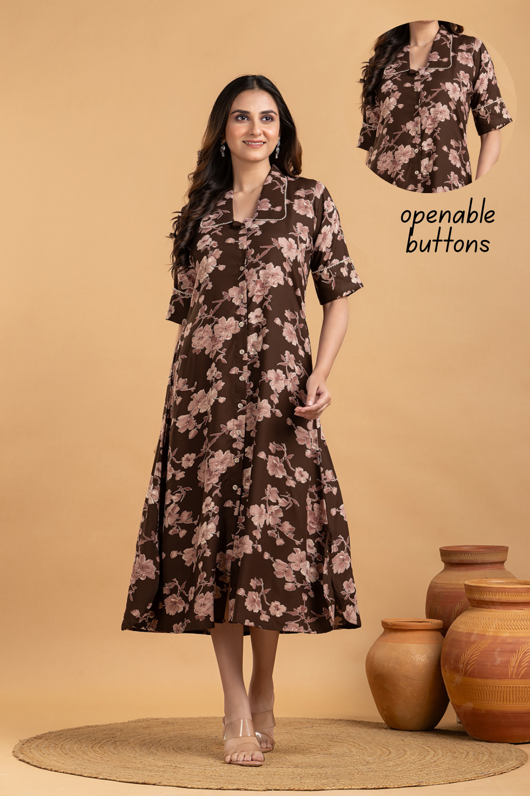 Dark Brown Floral Print A line Dress