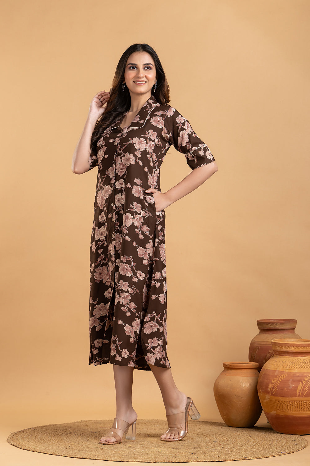 Dark Brown Floral Print A line Dress