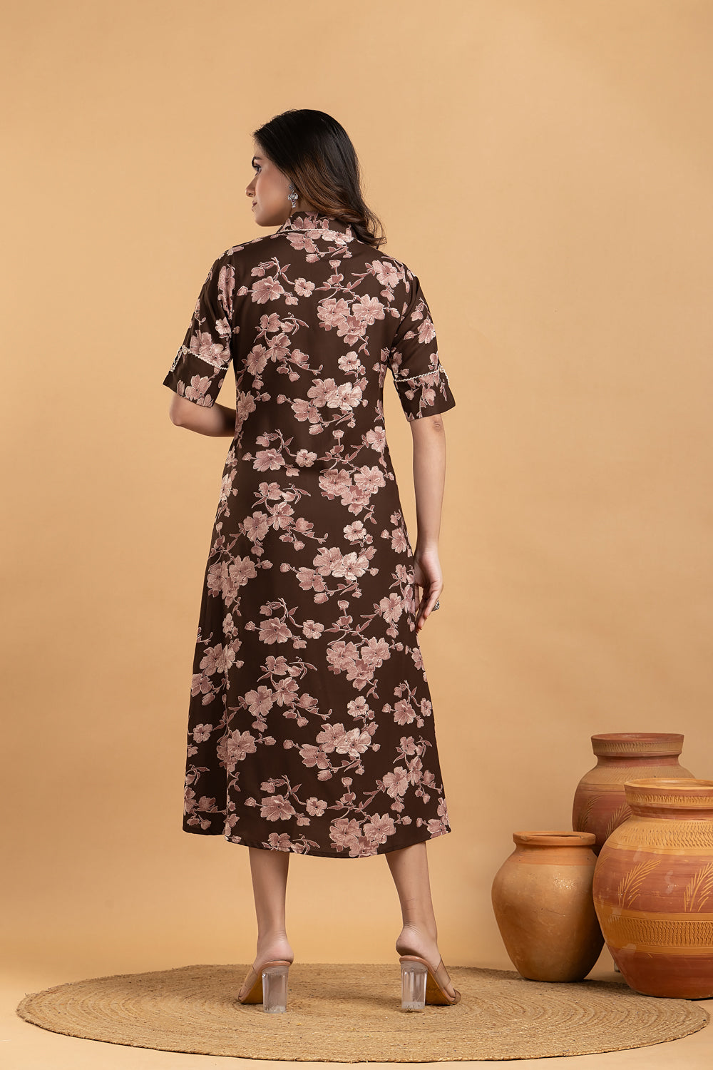 Dark Brown Floral Print A line Dress