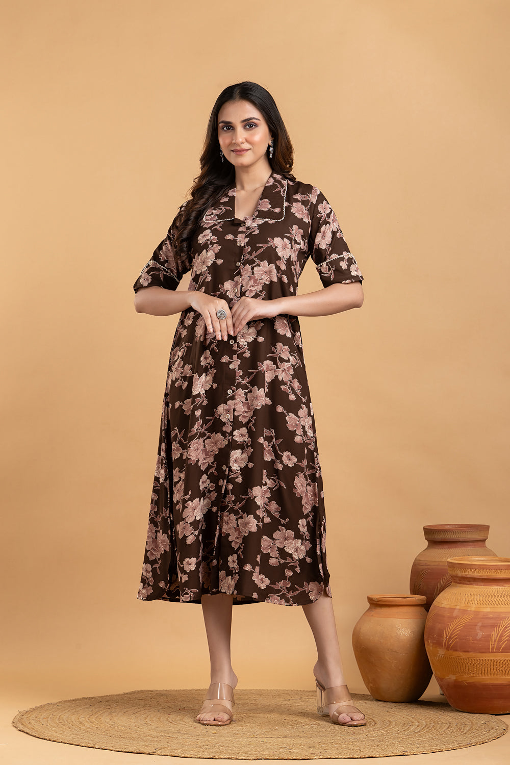 Dark Brown Floral Print A line Dress