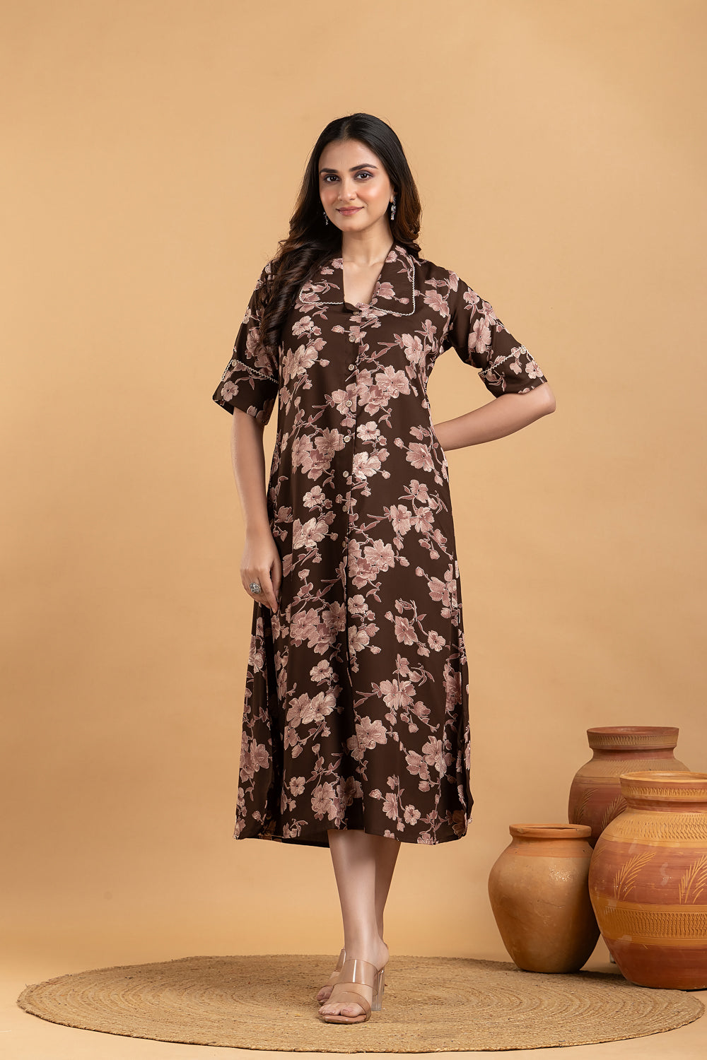 Dark Brown Floral Print A line Dress