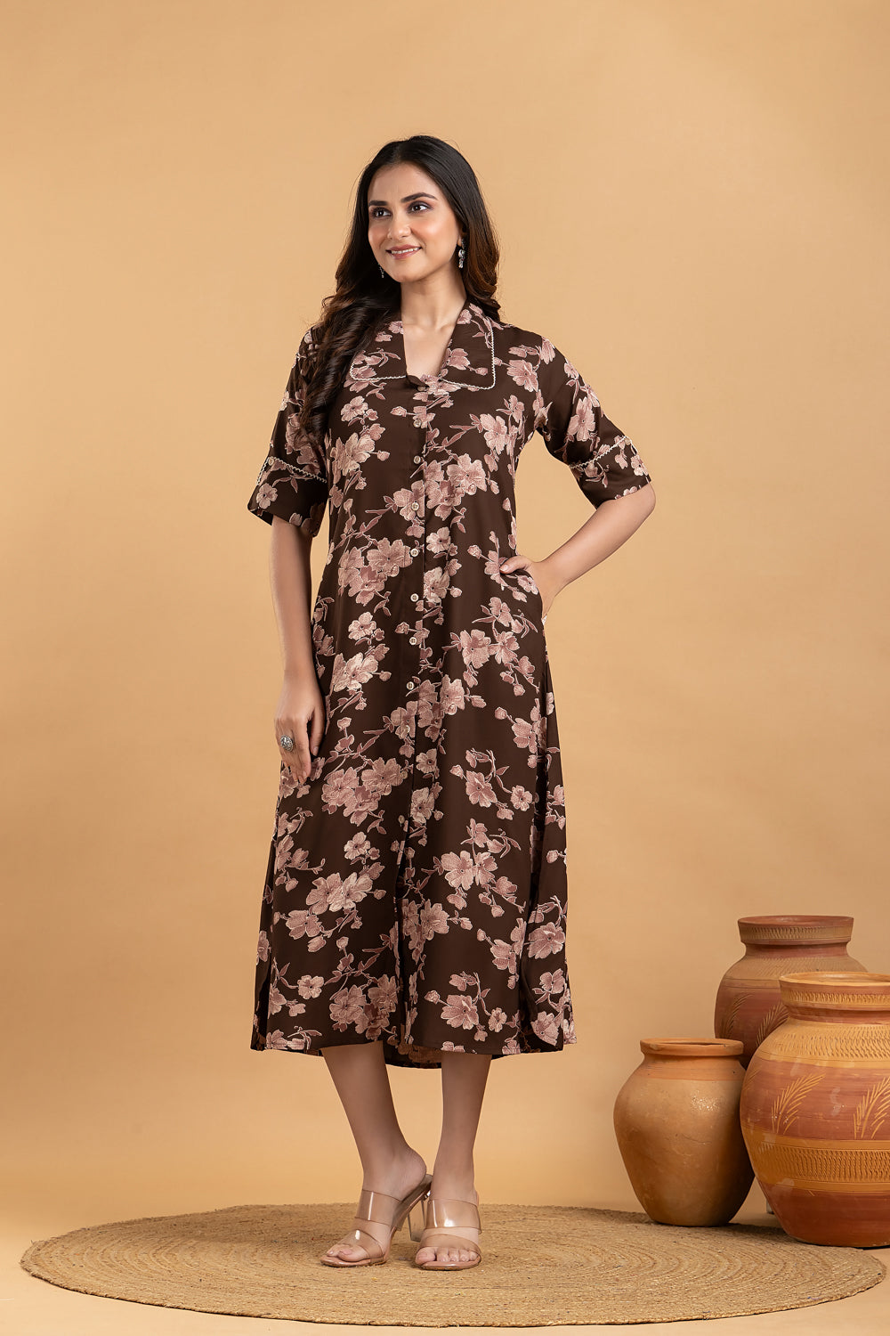 Dark Brown Floral Print A line Dress