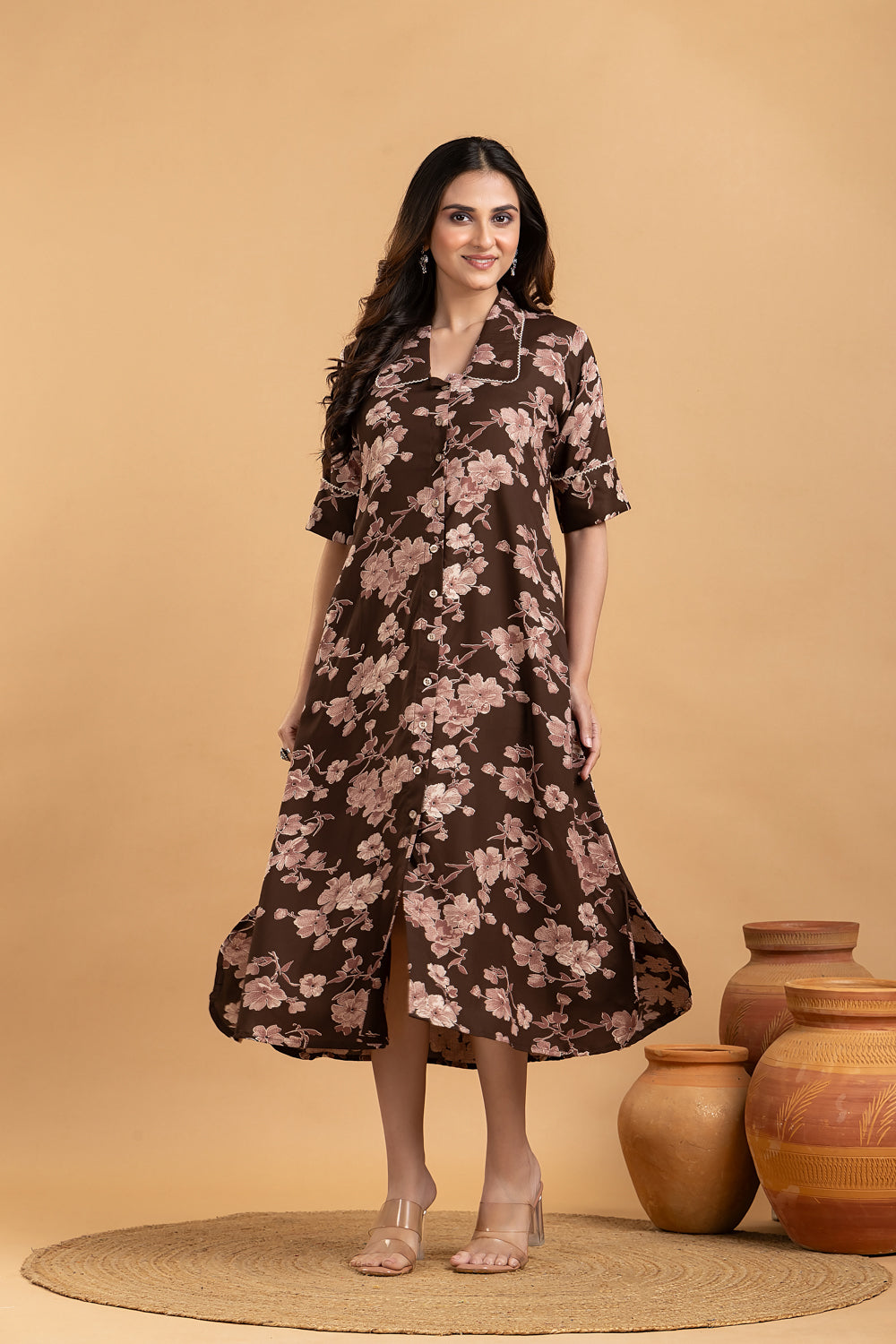 Dark Brown Floral Print A line Dress